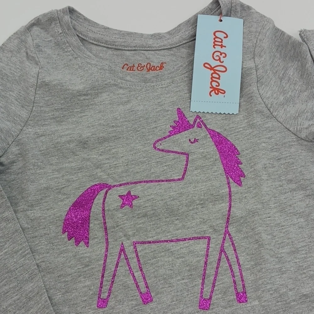 CAT & Jack Unicorn Shirt Long Sleeve Glitter Crew Neck Basic Toddler Girls